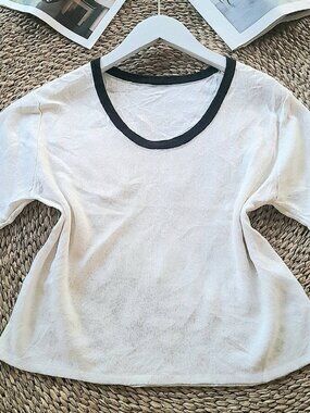 White Sheer Knit Short Sleeve Ringer Tee Black Trim